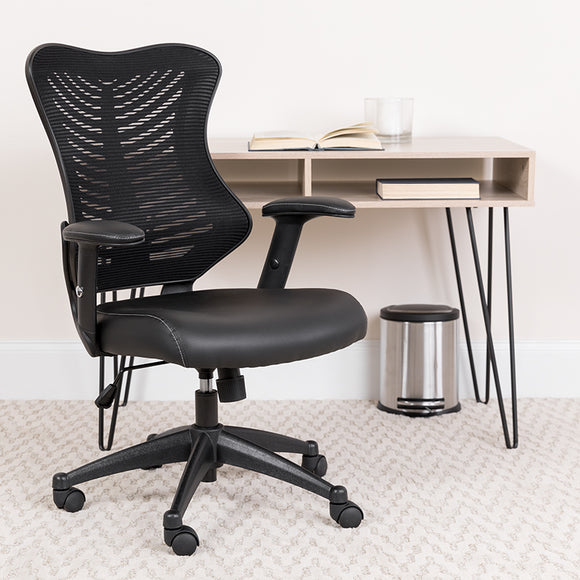 High Back Designer Black Mesh Executive Swivel Ergonomic Office Chair with LeatherSoft Seat and Adjustable Arms