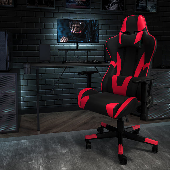 Black Gaming Desk and Red/Black Reclining Gaming Chair Set with Cup Holder, Headphone Hook, and Monitor/Smartphone Stand by Office Chairs PLUS