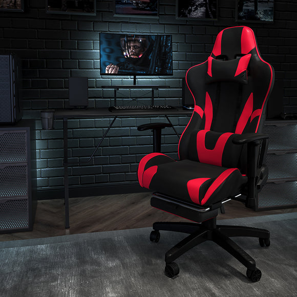 Black Gaming Desk and Red/Black Footrest Reclining Gaming Chair Set with Cup Holder, Headphone Hook, & Monitor/Smartphone Stand by Office Chairs PLUS