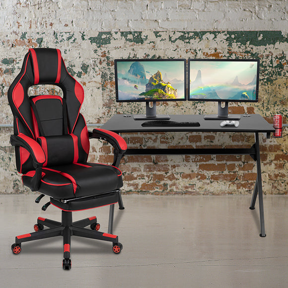 Black Gaming Desk with Cup Holder/Headphone Hook/2 Wire Management Holes & Red Reclining Back/Arms Gaming Chair with Footrest  by Office Chairs PLUS