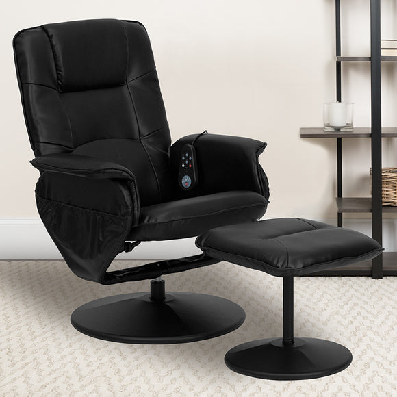 Massaging Adjustable Recliner with Deep Side Pockets and Ottoman with Wrapped Base in Black LeatherSoft by Office Chairs PLUS