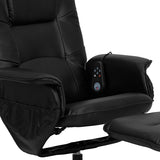Massaging Adjustable Recliner with Deep Side Pockets and Ottoman with Wrapped Base in Black LeatherSoft