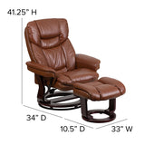 Contemporary Multi-Position Recliner and Curved Ottoman with Swivel Mahogany Wood Base in Brown Vintage LeatherSoft 