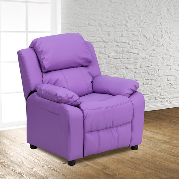 Deluxe Padded Contemporary Lavender Vinyl Kids Recliner with Storage Arms by Office Chairs PLUS