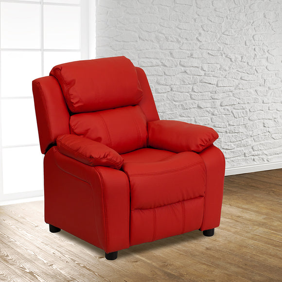 Deluxe Padded Contemporary Red Vinyl Kids Recliner with Storage Arms by Office Chairs PLUS