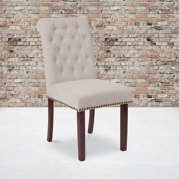 HERCULES Series Beige Fabric Parsons Chair with Rolled Back, Accent Nail Trim and Walnut Finish by Office Chairs PLUS