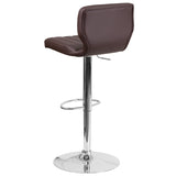 Contemporary Brown Vinyl Adjustable Height Barstool with Vertical Stitch Back and Chrome Base 