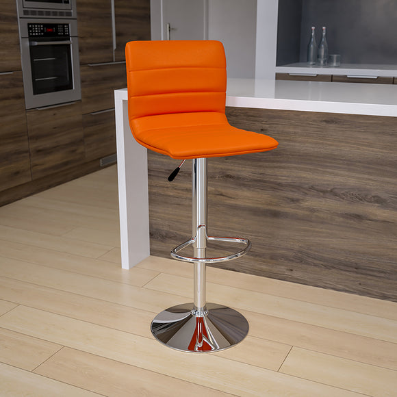 Modern Orange Vinyl Adjustable Bar Stool with Back, Counter Height Swivel Stool with Chrome Pedestal Base by Office Chairs PLUS