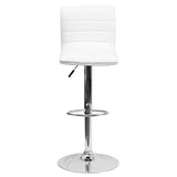 Modern White Vinyl Adjustable Bar Stool with Back, Counter Height Swivel Stool with Chrome Pedestal Base