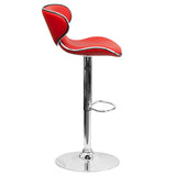 Contemporary Cozy Mid-Back Red Vinyl Adjustable Height Barstool with Chrome Base
