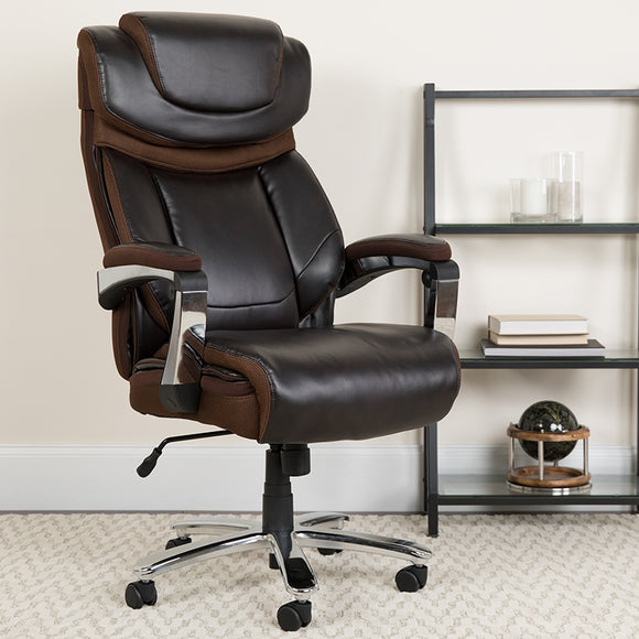 Big & Tall Office Chair | Brown LeatherSoft Executive Swivel Office Chair with Headrest and Wheels GO-2223-BN-GG