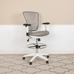 Mid-Back Light Gray Mesh Ergonomic Drafting Chair with Adjustable Chrome Foot Ring, Adjustable Arms and White Frame by Office Chairs PLUS