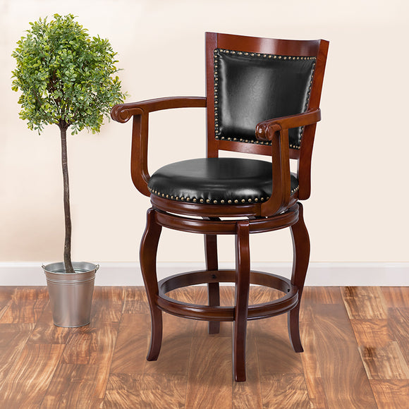 26'' High Cherry Wood Counter Height Stool with Arms, Panel Back and Black LeatherSoft Swivel Seat
