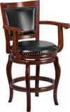 26'' High Cherry Wood Counter Height Stool with Arms, Panel Back and Black LeatherSoft Swivel Seat