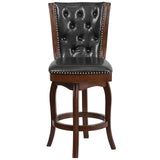 26'' High Cappuccino Wood Counter Height Stool with Button Tufted Back and Black LeatherSoft Swivel Seat