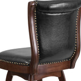 26'' High Cappuccino Wood Counter Height Stool with Button Tufted Back and Black LeatherSoft Swivel Seat