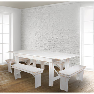 HERCULES Series 7' x 40" Antique Rustic White Folding Farm Table and Four Bench Set