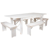 HERCULES Series 7' x 40" Antique Rustic White Folding Farm Table and Four Bench Set