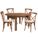 HERCULES Series 60" Round Solid Pine Folding Farm Dining Table Set with 4 Cross Back Chairs and Cushions
