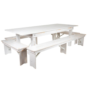HERCULES Series 8' x 40" Antique Rustic White Folding Farm Table and Four Bench Set