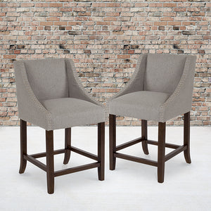 Carmel Series 24" High Transitional Walnut Counter Height Stool with Nail Trim in Light Gray Fabric, Set of 2 by Office Chairs PLUS