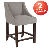 Carmel Series 24" High Transitional Walnut Counter Height Stool with Nail Trim in Light Gray Fabric, Set of 2