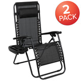 Adjustable Folding Mesh Zero Gravity Reclining Lounge Chair with Pillow and Cup Holder Tray in Black, Set of 2