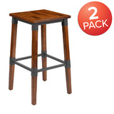 2 Pack Rustic Antique Walnut Industrial Wood Dining Backless Barstool