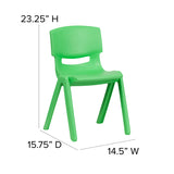 2 Pack Green Plastic Stackable School Chair with 13.25" Seat Height