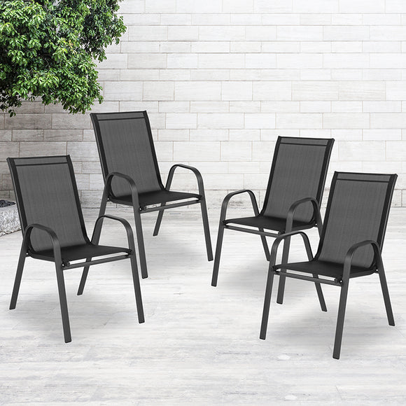 4 Pack Brazos Series Black Outdoor Stack Chair with Flex Comfort Material and Metal Frame 4-JJ-303C-GG
