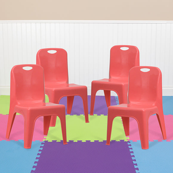 4 Pack Red Plastic Stackable School Chair with Carrying Handle and 11'' Seat Height by Office Chairs PLUS