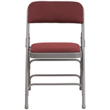 HERCULES Series Curved Triple Braced & Double Hinged Burgundy Patterned Fabric Metal Folding Chair