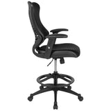 High Back Designer Black Mesh Drafting Chair with LeatherSoft Sides and Adjustable Arms