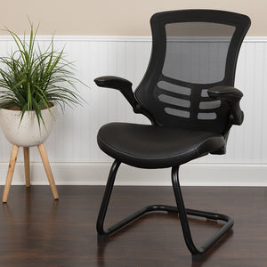 Black Mesh Sled Base Side Reception Chair with White Stitched LeatherSoft Seat and Flip-Up Arms by Office Chairs PLUS