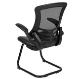 Black Mesh Sled Base Side Reception Chair with White Stitched LeatherSoft Seat and Flip-Up Arms