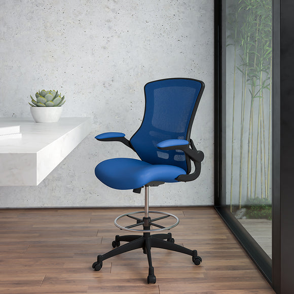 Mid-Back Blue Mesh Ergonomic Drafting Chair with Adjustable Foot Ring and Flip-Up Arms by Office Chairs PLUS