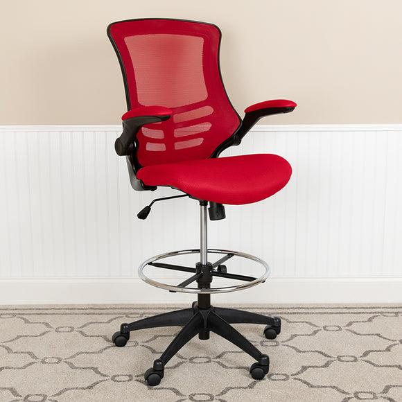 Mid-Back Red Mesh Ergonomic Drafting Chair with Adjustable Foot Ring and Flip-Up Arms by Office Chairs PLUS