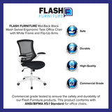 Mid-Back Black Mesh Swivel Ergonomic Task Office Chair with White Frame and Flip-Up Arms