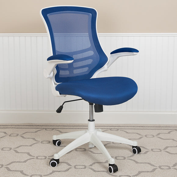 Mid-Back Blue Mesh Swivel Ergonomic Task Office Chair with White Frame and Flip-Up Arms by Office Chairs PLUS