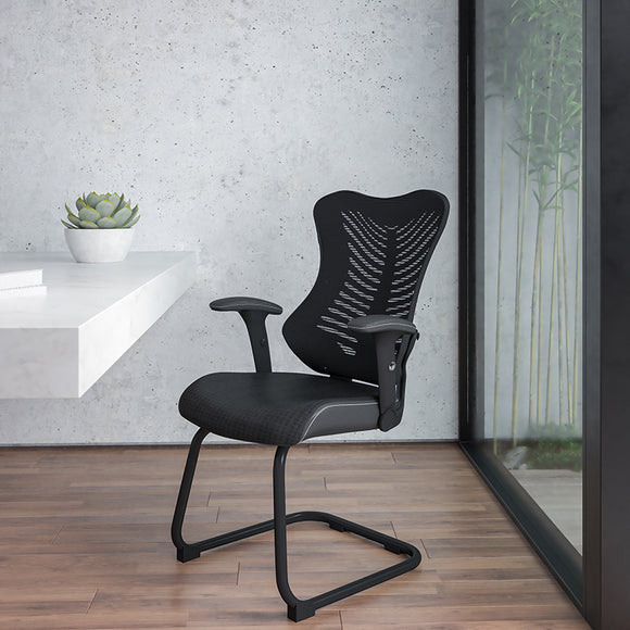 Designer Black Mesh Sled Base Side Reception Chair with Adjustable Arms by Office Chairs PLUS