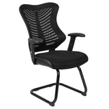 Designer Black Mesh Sled Base Side Reception Chair with Adjustable Arms