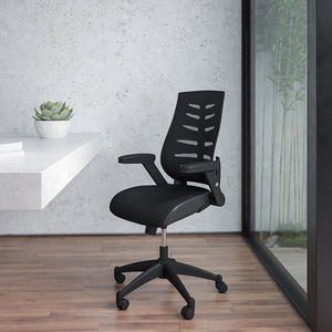 High Back Designer Black Mesh Executive Swivel Ergonomic Office Chair with Height Adjustable Flip-Up Arms by Office Chairs PLUS