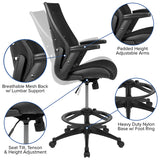 High Back Black Mesh Spine-Back Ergonomic Drafting Chair with Adjustable Foot Ring and Adjustable Flip-Up Arms
