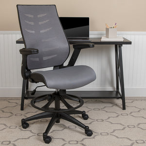 High Back Dark Gray Mesh Spine-Back Ergonomic Drafting Chair with Adjustable Foot Ring and Adjustable Flip-Up Arms by Office Chairs PLUS