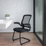 Sled Base Reception Chair with Flip-Up Arms- Black Mesh Waiting Room Chair