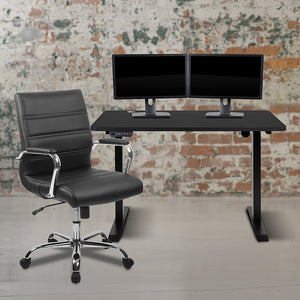 48" Wide Black Electric Height Adjustable Standing Desk with Mid-Back Black LeatherSoft and Chrome Executive Swivel Office Chair by Office Chairs PLUS