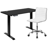 48" Wide Black Electric Height Adjustable Standing Desk with Designer Armless White Ribbed Swivel Task Office Chair