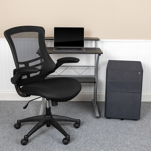 Work From Home Kit - Black Computer Desk, Ergonomic Mesh Office Chair and Locking Mobile Filing Cabinet with Side Handles by Office Chairs PLUS