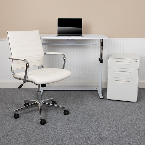 Work From Home Kit - White Adjustable Computer Desk, LeatherSoft Office Chair and Inset Handle Locking Mobile Filing Cabinet by Office Chairs PLUS