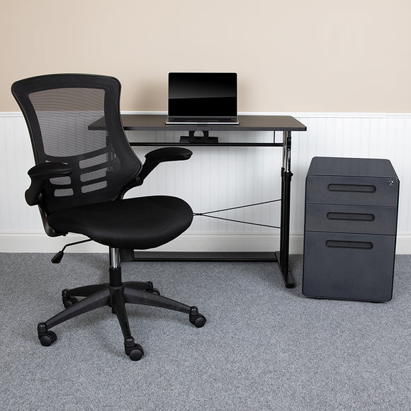 Work From Home Kit - Adjustable Computer Desk, Ergonomic Mesh Office Chair and Locking Mobile Filing Cabinet with Inset Handles by Office Chairs PLUS